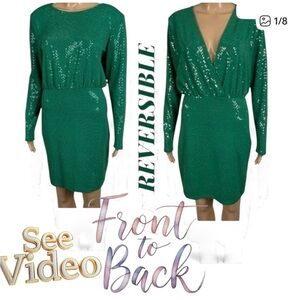 👛2/$30 VERA MODA Stretchy Pull On Green Sparkle Reversible Dress, Shoulder Pads